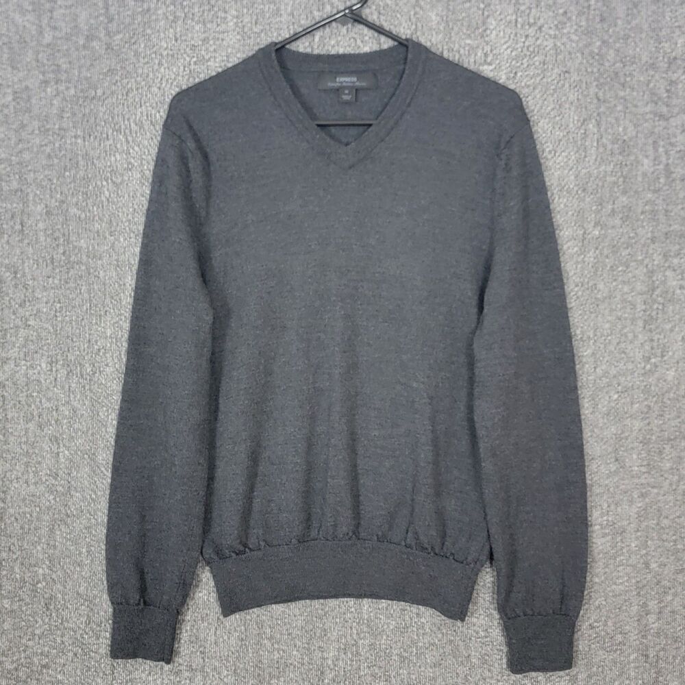 Express Sweater Mens Medium Gray 100% Extra Fine Italian Merino Wool V-Neck